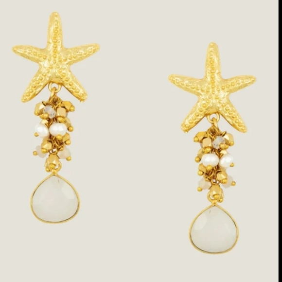 🔹 Piper k🔹Gold Starfish Freshwater Pearl Cluster Glass Stone Dangle Earrings ✨ - Picture 9 of 10